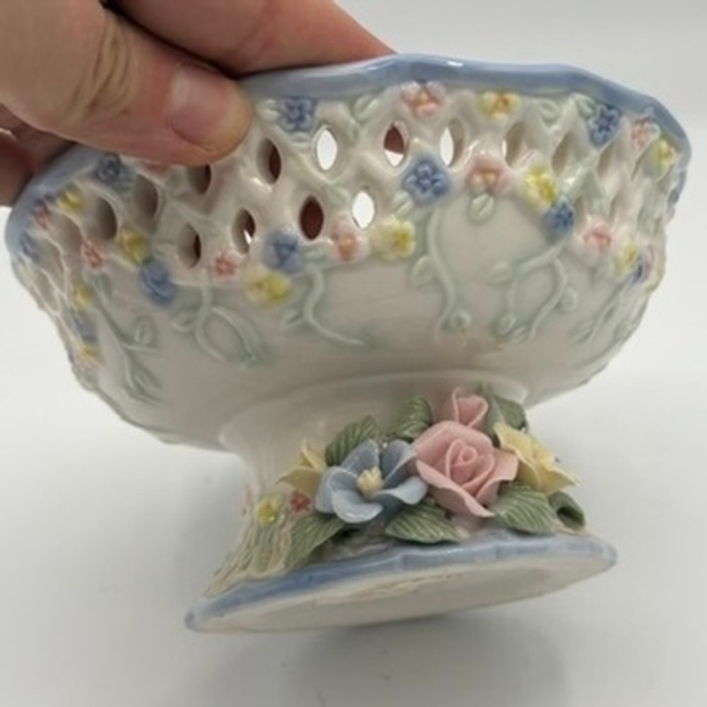 Cottagecore Porcelain Pedestal Candy Bowl Blue Floral Lattice Reticulated Dish